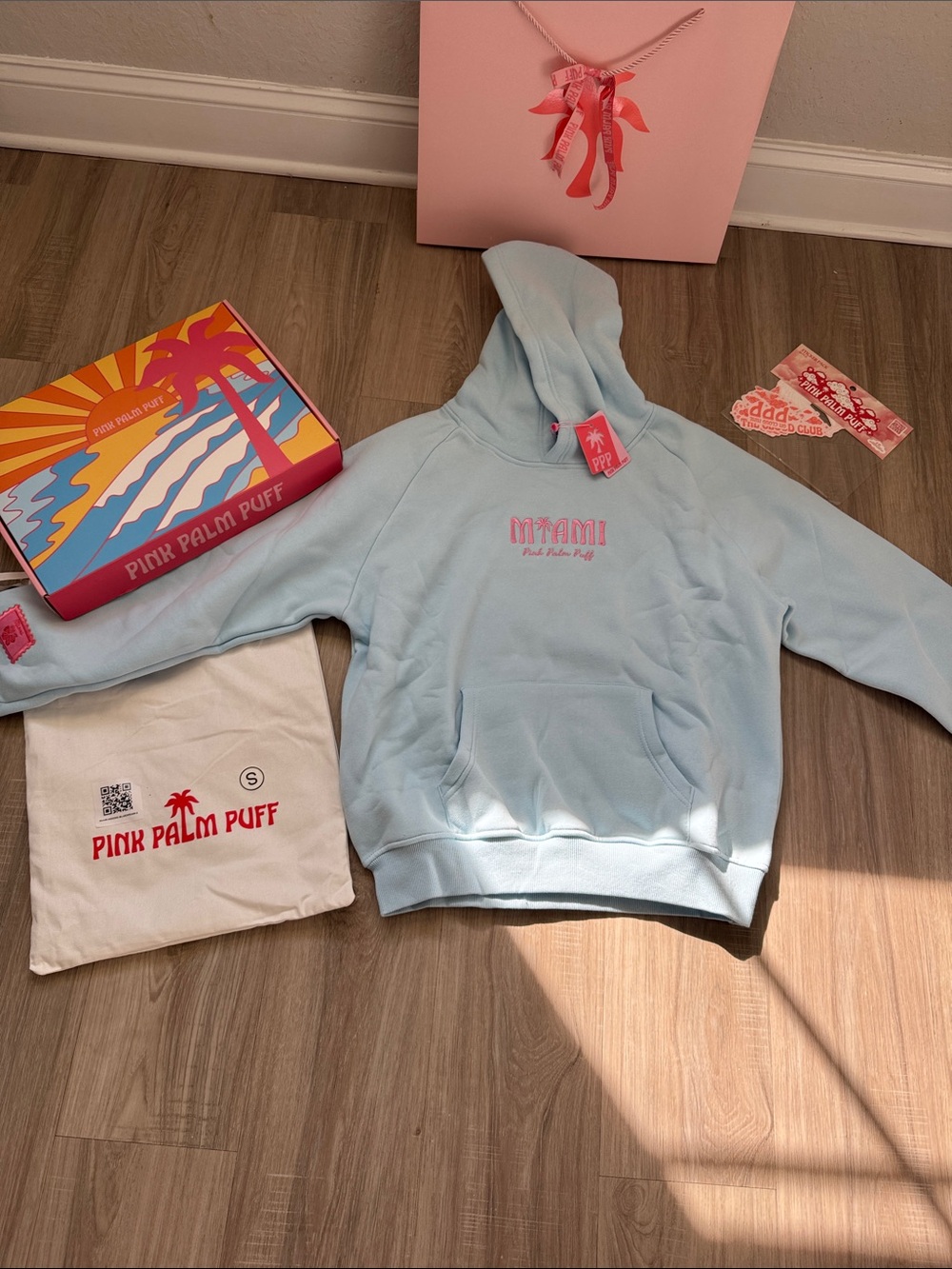 Pink Palm Puff Meet me in Miami Logo Light Blue Hoodie - Pink Embroidery - Picture 2 of 7